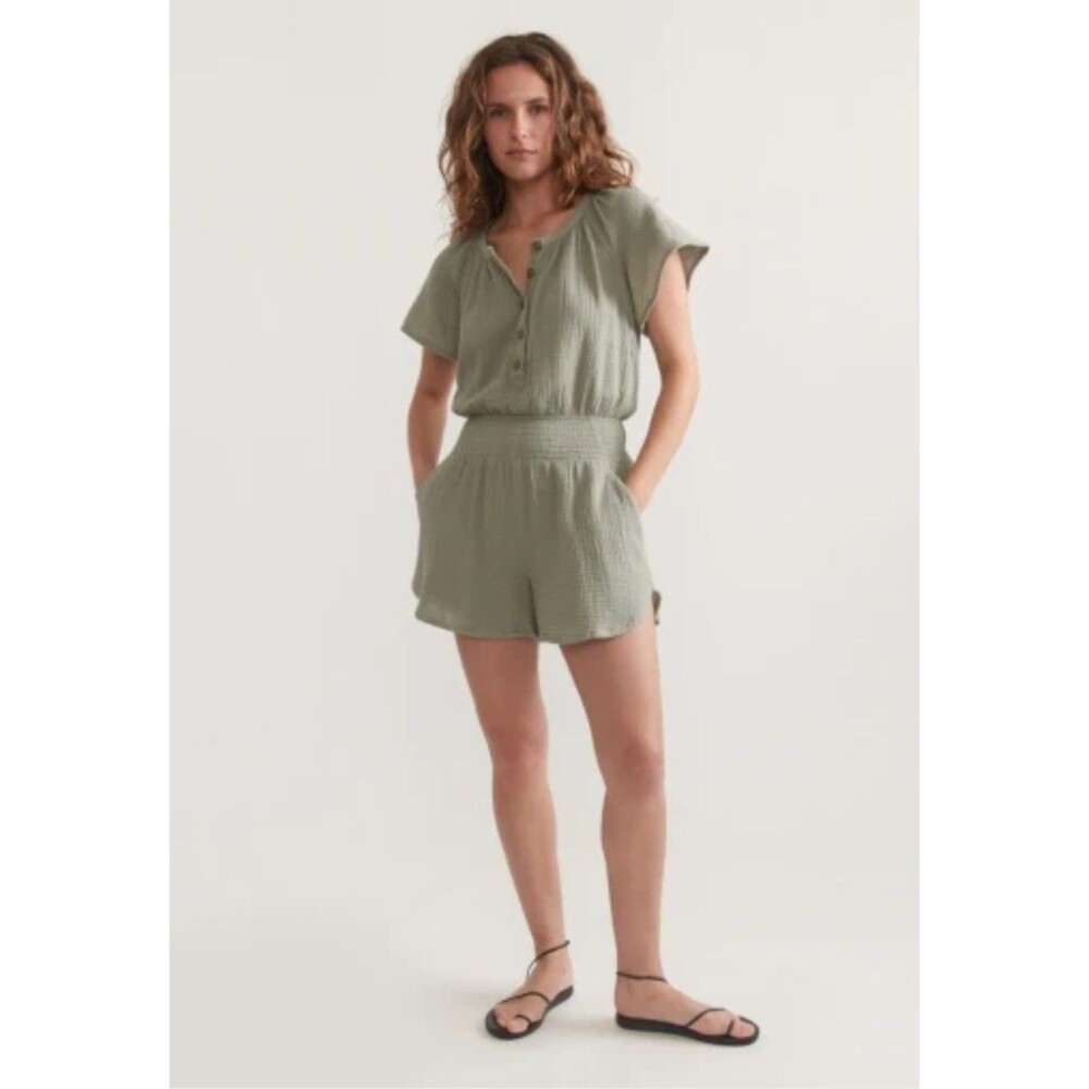 Marine Layer Bella Double Cloth Romper Women's Medium Green Cotton